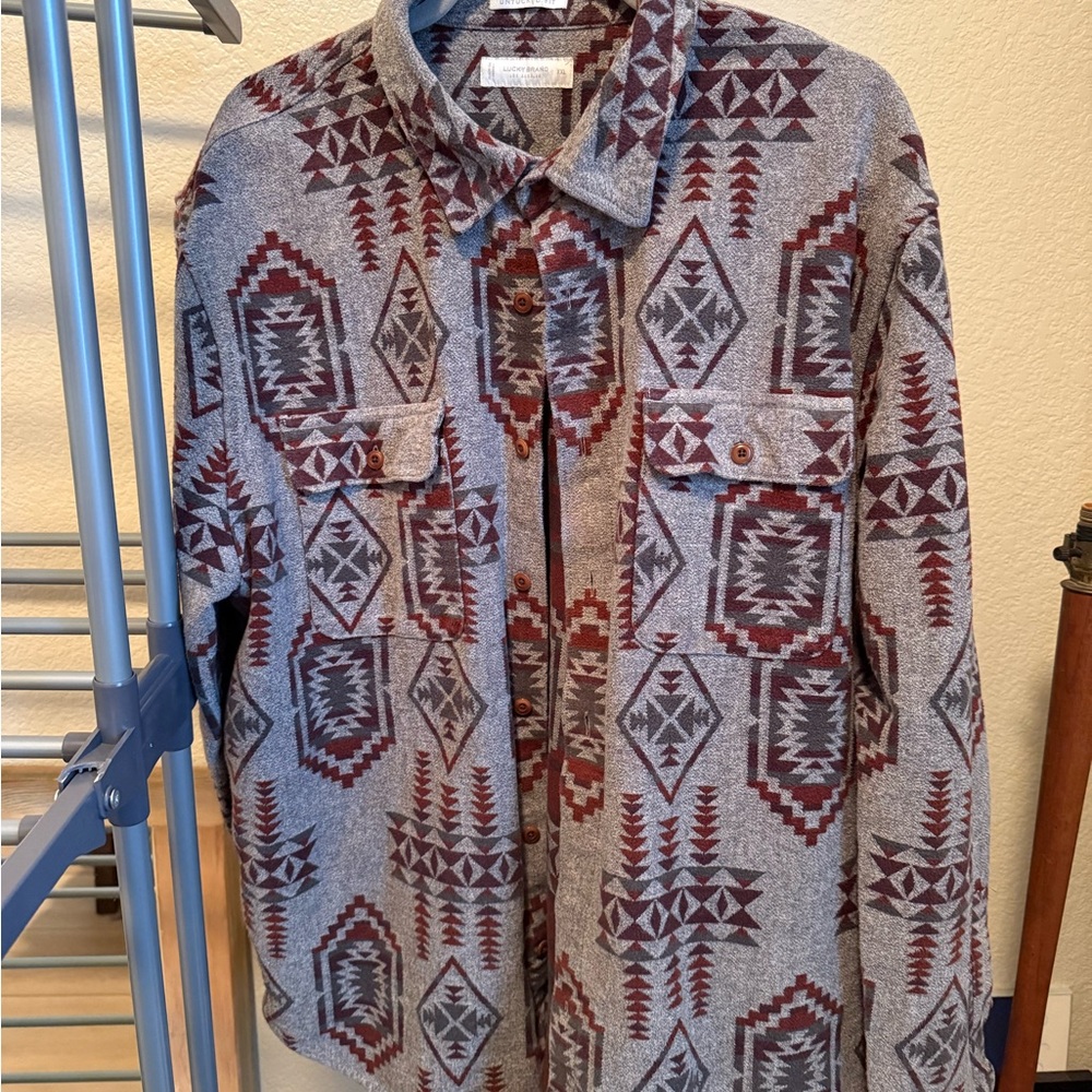 Lucky Brand Men's Shacket  - Gray and Burgundy Geometric
